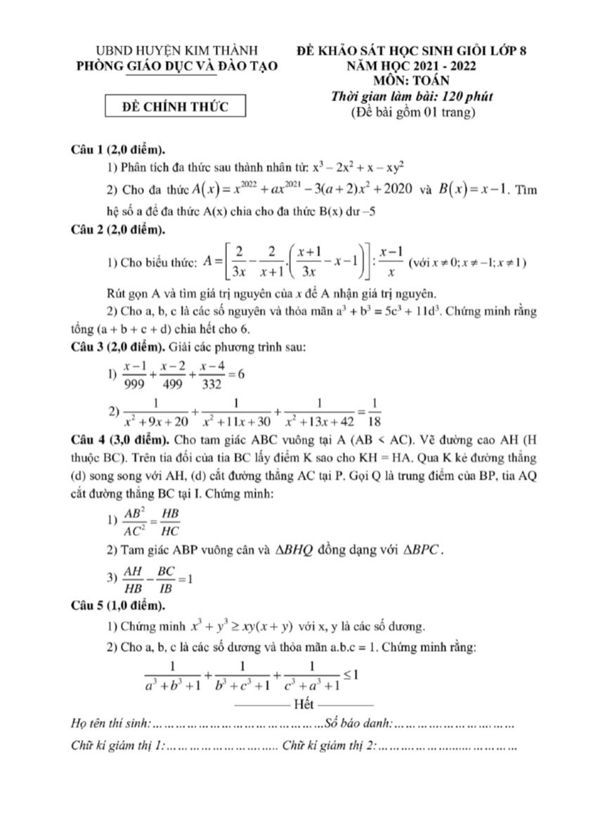 Đề khảo sát học sinh giỏi Toán Lớp 8 - Năm học 2021-2022 - Phòng GD&ĐT Kim Thành (Có hướng dẫn chấm)