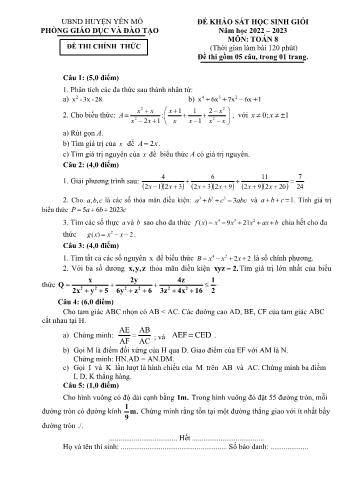 Đề khảo sát học sinh giỏi Toán Lớp 8 - Năm học 2022-2023 - Phòng GD&ĐT Yên Mô (Có hướng dẫn chấm)
