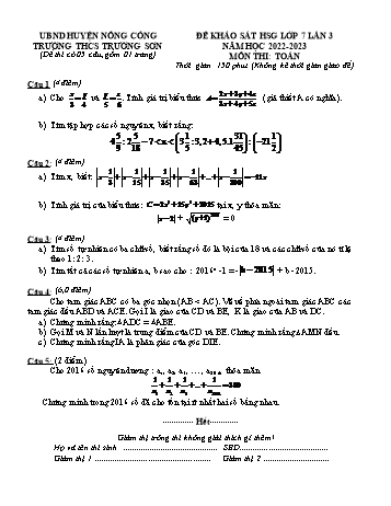 Đề khảo sát năng học sinh giỏi Toán Lớp 7 (Lần 3) - Năm học 2022-2023 - Trường THCS Trường Sơn (Có hướng dẫn chấm)