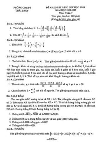 Đề khảo sát năng lực học sinh giỏi Toán Lớp 7 - Năm học 2022-2023 - Phòng GD&ĐT Thái Thụy