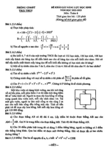 Đề khảo sát năng lực học sinh Toán Lớp 6 - Năm học 2022-2023 - Phòng GD&ĐT Thái Thụy