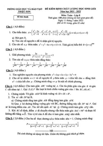 Đề kiểm định chất lượng học sinh giỏi Toán Lớp 8 - Năm học 2021-2022 - Phòng GD&ĐT Triệu Sơn