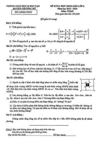 Đề kiểm tra chất lượng học sinh giỏi Toán Lớp 6 - Năm học 2022-2023 - Phòng GD&ĐT Chương Mỹ