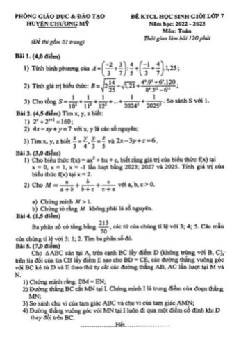Đề kiểm tra chất lượng học sinh giỏi Toán Lớp 7 - Năm học 20222-2023 - Phòng GD&ĐT Chương Mỹ