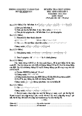 Đề kiểm tra chất lượng học sinh giỏi Toán Lớp 8 - Năm học 2022-2023 - Phòng GD&ĐT Bình Lục (Có hướng dẫn chấm)