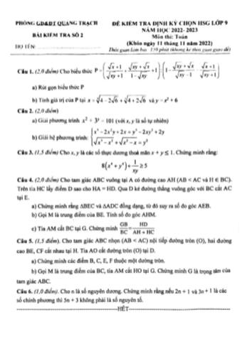 Đề kiểm tra định kỳ chọn học sinh giỏi Toán Lớp 9 - Năm học 2022-2023 - Phòng GD&ĐT Quảng Trạch