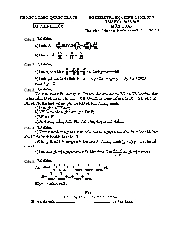 Đề kiểm tra học sinh giỏi Toán Lớp 7 - Năm học 2022-2023 - Phòng GD&ĐT Quảng Trạch (Có hướng dẫn chấm)