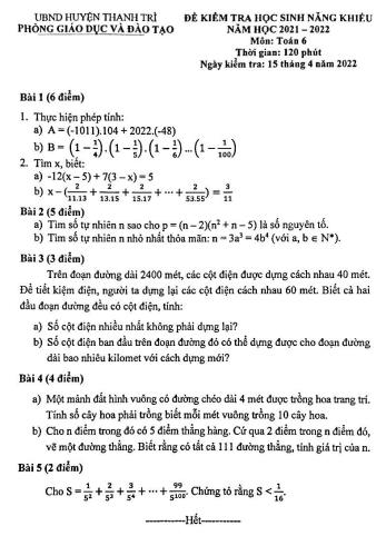 Đề kiểm tra học sinh năng khiếu Toán Lớp 6 - Năm học 2021-2022 - Phòng GD&ĐT Thanh Trì