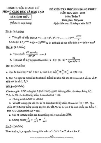 Đề kiểm tra học sinh năng khiếu Toán Lớp 7 - Năm học 2021-2022 - Phòng GD&ĐT Thanh Trì