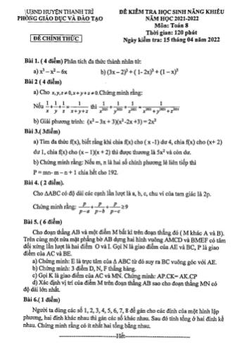 Đề kiểm tra học sinh năng khiếu Toán Lớp 8 - Năm học 2021-2022 - Phòng GD&ĐT Thanh Trì