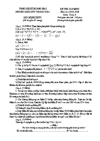 Đề Olympic Toán Lớp 6 - Năm học 2022-2023 - Phòng GD&ĐT Hoàng Mai (Có hướng dẫn chấm)