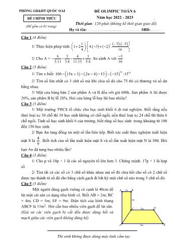 Đề Olympic Toán Lớp 6 - Năm học 2022-2023 - Phòng GD&ĐT Quốc Oai (Có hướng dẫn chấm)