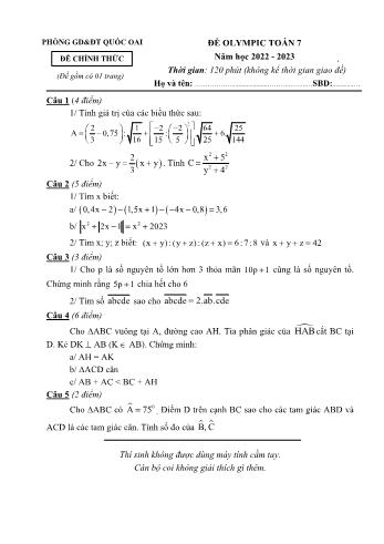 Đề Olympic Toán Lớp 7 - Năm học 2022-2023 - Phòng GD&ĐT Quốc Oai (Có hướng dẫn chấm)