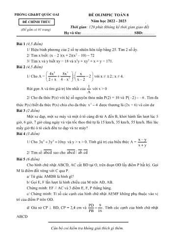 Đề Olympic Toán Lớp 8 - Năm học 2022-2023 - Phòng GD&ĐT Quốc Oai (Có hướng dẫn chấm)
