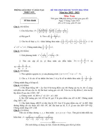 Đề thi chọn đội dự tuyển học sinh giỏi tỉnh Toán Lớp 8 - Năm học 2022-2023 - Phòng GD&ĐT Triệu Sơn (Có hướng dẫn chấm)