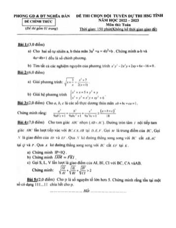 Đề thi chọn đội tuyển dự thi học sinh giỏi cấp tỉnh Toán Lớp 9 - Năm học 2022-2023 - Phòng GD&ĐT Nghĩa Đàn