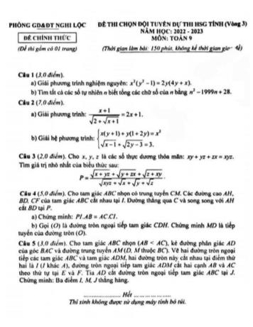 Đề thi chọn đội tuyển dự thi học sinh giỏi cấp tỉnh Toán Lớp 9 (Vòng 3) - Năm học 2022-2023 - Phòng GD&ĐT Nghi Lộc