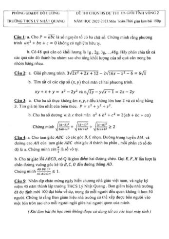Đề thi chọn học sinh dự thi học sinh giỏi cấp tỉnh Toán Lớp 9 (Vòng 2) - Năm học 2022-2023 - Trường THCS Lý Nhật Quang