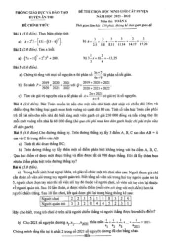 Đề thi chọn học sinh giỏi cấp huyện Toán Lớp 6 - Năm học 2021-2022 - Phòng GD&ĐT Ân Thi