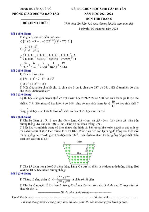 Đề thi chọn học sinh giỏi cấp huyện Toán Lớp 6 - Năm học 2021-2022 - Phòng GD&ĐT Quế Võ (Có lời giải)