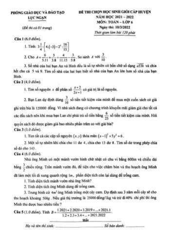 Đề thi chọn học sinh giỏi cấp huyện Toán Lớp 6 - Năm học 2021-2022 - Phòng GD&ĐT Lục Ngạn