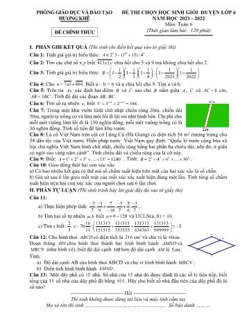Đề thi chọn học sinh giỏi cấp huyện Toán Lớp 6 - Năm học 2021-2022 - Phòng GD&ĐT Hương Khê (Có hướng dẫn chấm)