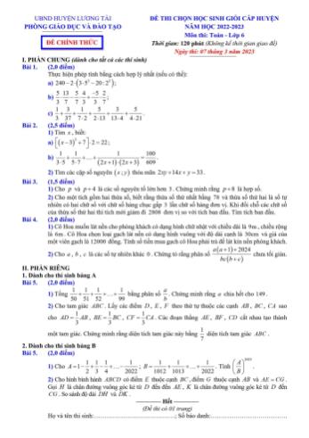 Đề thi chọn học sinh giỏi cấp huyện Toán Lớp 6 - Năm học 2022-2023 - Phòng GD&ĐT Lương Tài
