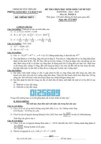 Đề thi chọn học sinh giỏi cấp huyện Toán Lớp 6 - Năm học 2022-2023 - Phòng GD&ĐT Tiên Du (Có hướng dẫn chấm)