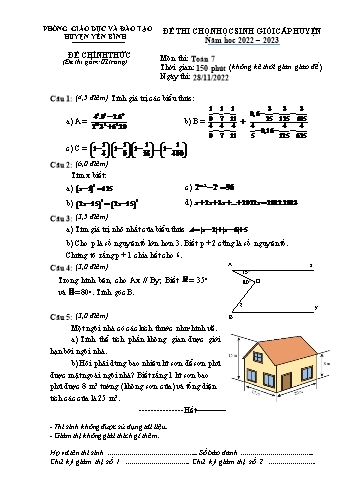 Đề thi chọn học sinh giỏi cấp huyện Toán Lớp 7 - Đề chính thức - Năm học 2022-2023 - Phòng GD&ĐT Yên Bình (Có hướng dẫn chấm)