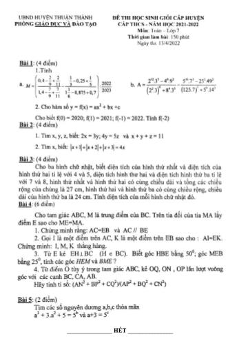 Đề thi chọn học sinh giỏi cấp huyện Toán Lớp 7 - Năm học 2021-2022 - Phòng GD&ĐT Thuận Thành