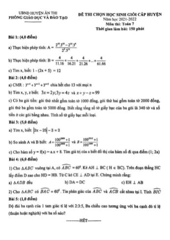 Đề thi chọn học sinh giỏi cấp huyện Toán Lớp 7 - Năm học 2021-2022 - Phòng GD&ĐT Ân Thi