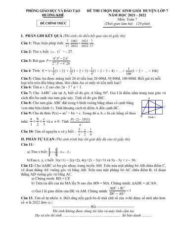 Đề thi chọn học sinh giỏi cấp huyện Toán Lớp 7 - Năm học 2021-2022 - Phòng GD&ĐT Hương Khê (Có hướng dẫn chấm)