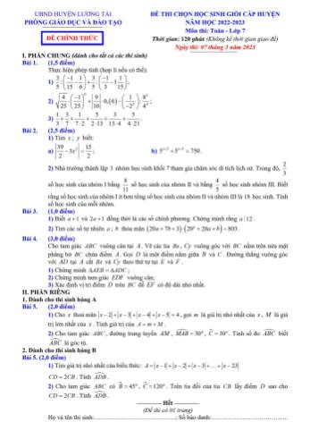 Đề thi chọn học sinh giỏi cấp huyện Toán Lớp 7 - Năm học 20222-2023 - Phòng GD&ĐT Lương Tài