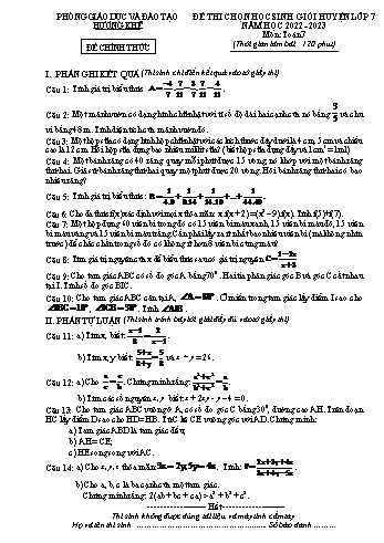 Đề thi chọn học sinh giỏi cấp huyện Toán Lớp 7 - Năm học 2022-2023 - Phòng GD&ĐT Hương Khê (Có hướng dẫn chấm)