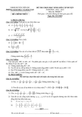 Đề thi chọn học sinh giỏi cấp huyện Toán Lớp 7 - Năm học 2022-2023 - Phòng GD&ĐT Tiên Du (Có hướng dẫn chấm)