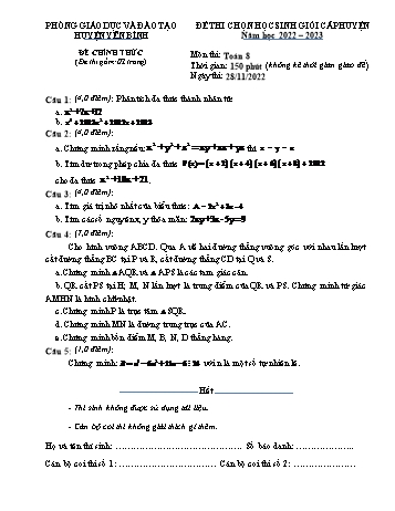 Đề thi chọn học sinh giỏi cấp huyện Toán Lớp 8 - Đề chính thức - Năm học 2022-2023 - Phòng GD&ĐT Yên Bái (Có hướng dẫn chấm)