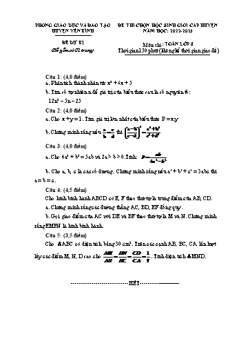 Đề thi chọn học sinh giỏi cấp huyện Toán Lớp 8 - Đề dự bị - Năm học 2022-2023 - Phòng GD&ĐT Yên Bái (Có hướng dẫn chấm)