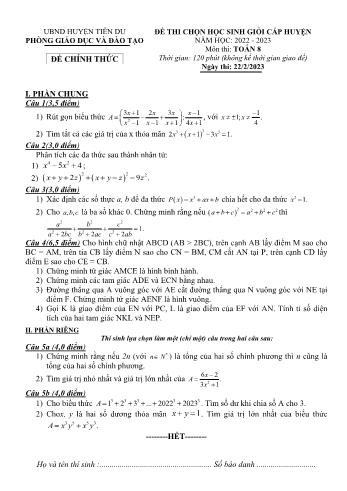 Đề thi chọn học sinh giỏi cấp huyện Toán Lớp 8 - Năm học 2022-2023 - Phòng GD&ĐT Tiên Du (Có hướng dẫn chấm)