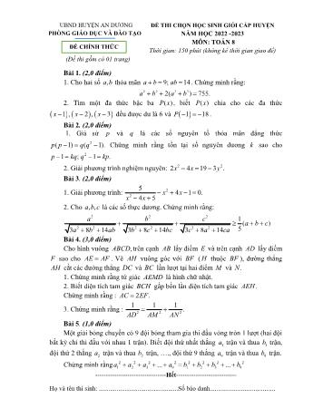 Đề thi chọn học sinh giỏi cấp huyện Toán Lớp 8 - Năm học 2022-2023 - Phòng GD&ĐT An Dương (Có hướng dẫn chấm)