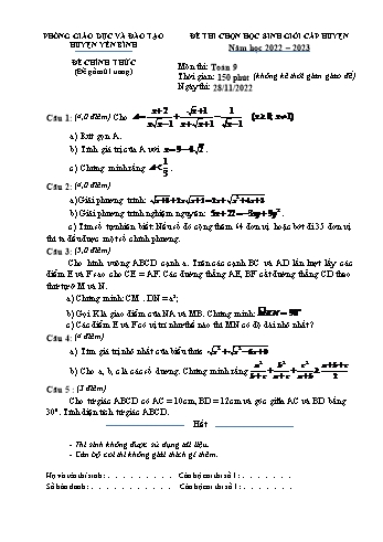 Đề thi chọn học sinh giỏi cấp huyện Toán Lớp 9 - Đề chính thức - Năm học 2022-2023 - Phòng GD&ĐT Yên Bình (Có hướng dẫn chấm)