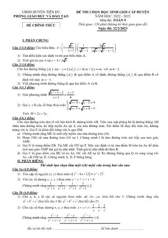 Đề thi chọn học sinh giỏi cấp huyện Toán Lớp 9 - Năm học 2022-2023 - Phòng GD&ĐT Tiên Du (Có hướng dẫn chấm)