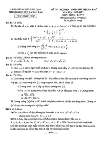 Đề thi chọn học sinh giỏi cấp Thành phố Toán Lớp 9 - Năm học 2022-2023 - Phòng GD&ĐT Nam Định