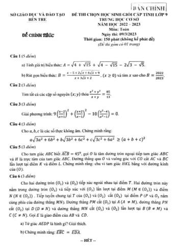 Đề thi chọn học sinh giỏi cấp tỉnh Toán Lớp 9 - Năm học 2022-2023 - Sở GD&ĐT Bến Tre