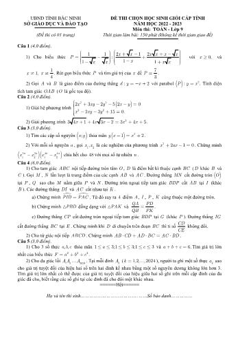 Đề thi chọn học sinh giỏi cấp tỉnh Toán Lớp 9 - Năm học 2022-2023 - Sở GD&ĐT Bắc Ninh (Có hướng dẫn chấm)