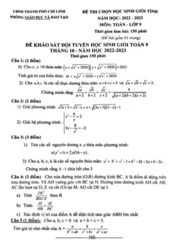 Đề thi chọn học sinh giỏi cấp tỉnh Toán Lớp 9 - Năm học 2022-2023 - Phòng GD&ĐT Chí Linh