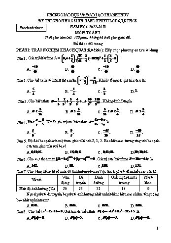 Đề thi chọn học sinh giỏi năng khiếu Toán Lớp 7 - Năm học 2022-2023 - Phòng GD&ĐT Thanh Thủy (Có hướng dẫn chấm)