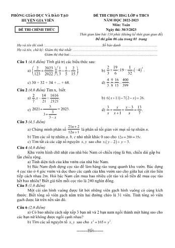 Đề thi chọn học sinh giỏi Toán Lớp 6 - Năm học 2022-2023 - Phòng GD&ĐT Gia Viễn (Có hướng dẫn chấm)