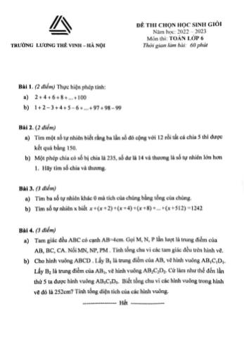 Đề thi chọn học sinh giỏi Toán Lớp 6 - Năm học 2022-2023 - Trường THPT Lương Thế Vinh