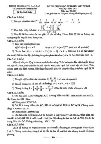Đề thi chọn học sinh giỏi Toán Lớp 7 - Năm học 2022-2023 - Phòng GD&ĐT Ninh Bình