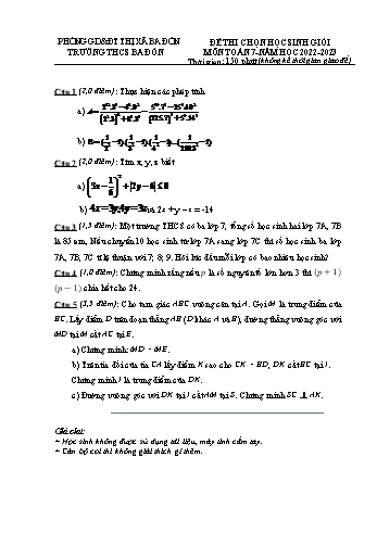 Đề thi chọn học sinh giỏi Toán Lớp 7 - Năm học 2022-2023 - Trường THCS Ba Đồn (Có hướng dẫn chấm)